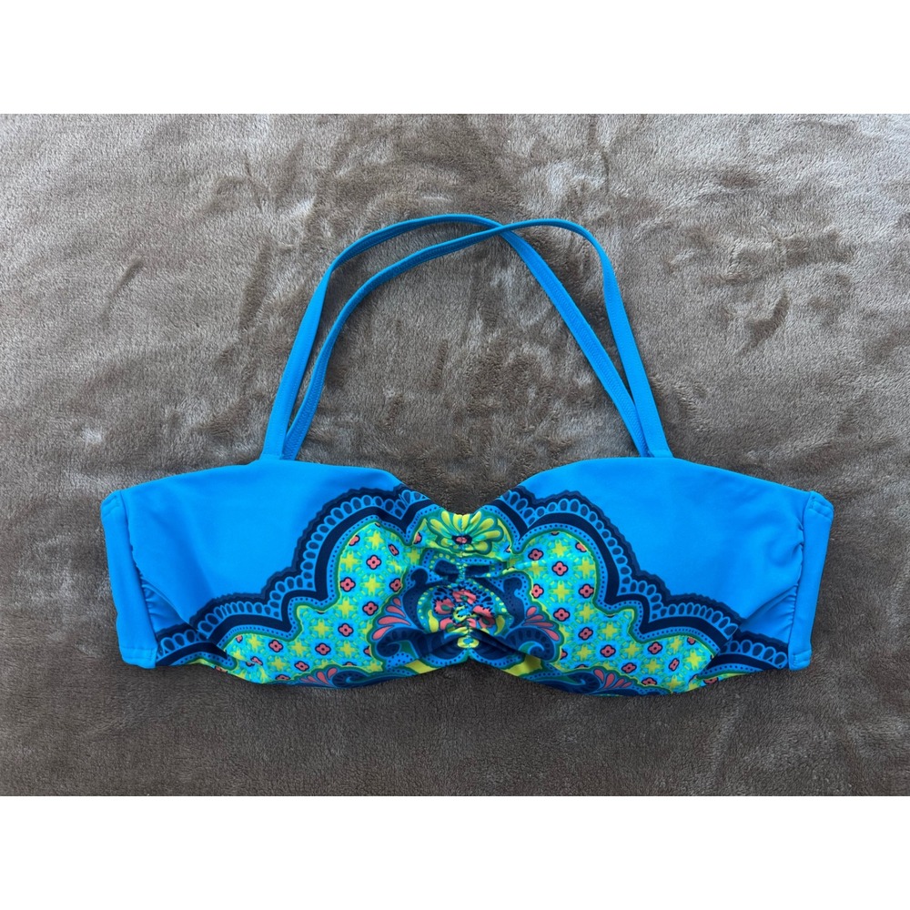 Prana Blue Floral‎ Print Bikini Swim Top Medium Strapless Tie Back